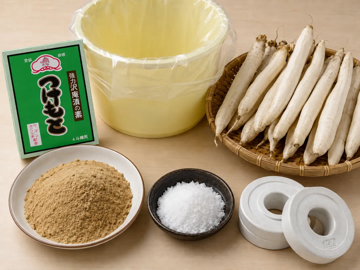 たくあん漬けに使う漬物樽、漬物用ビニール袋、ぬか、塩、重石を並べたイメージ