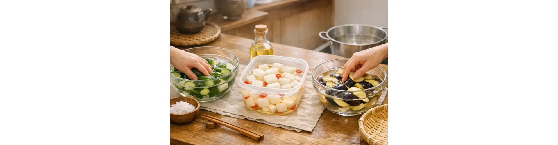 塩蔵した野菜を食べやすく整えるために、やさしく脱塩しているイメージ