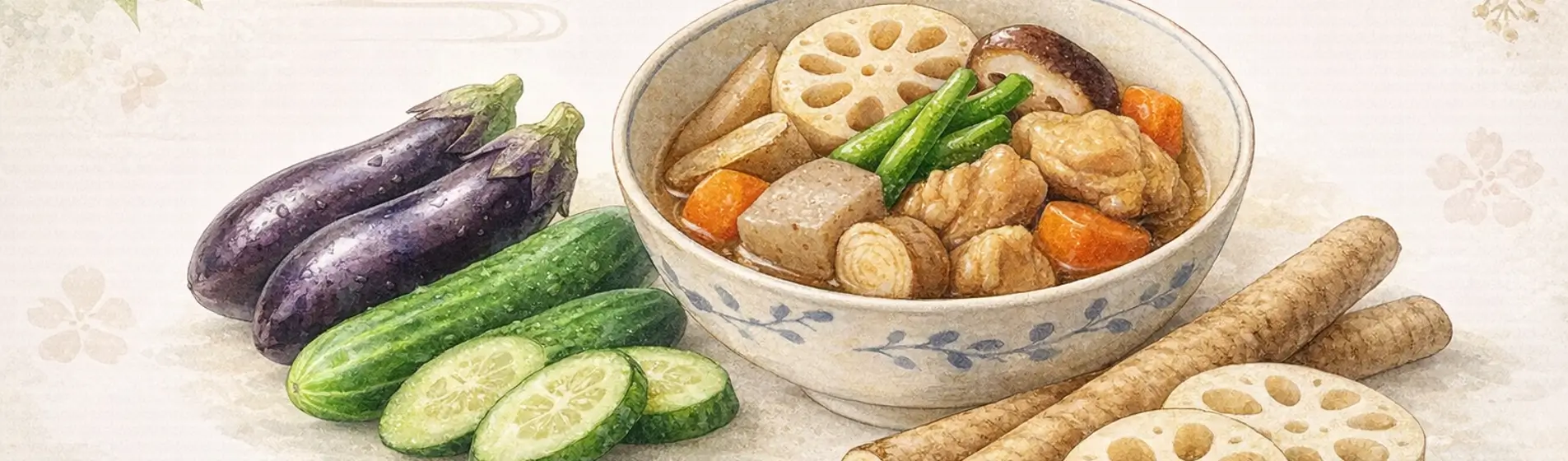 なすやきゅうり、れんこん、ごぼうをきれいに下ごしらえするイメージ