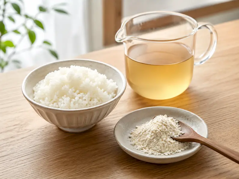 だし汁、ごはん、塩麹粉末を台所に並べた材料イメージ