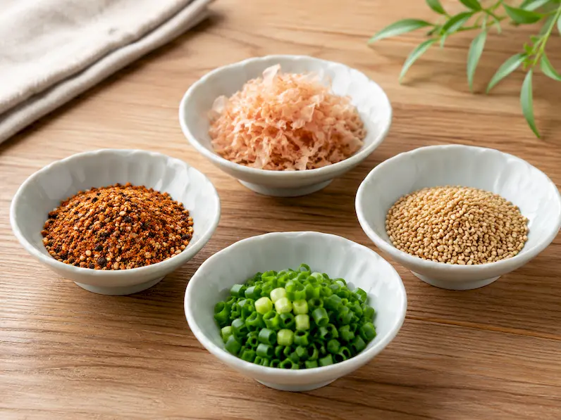 七味、おかか、ねぎ、煎りごまを小皿に並べたトッピング例