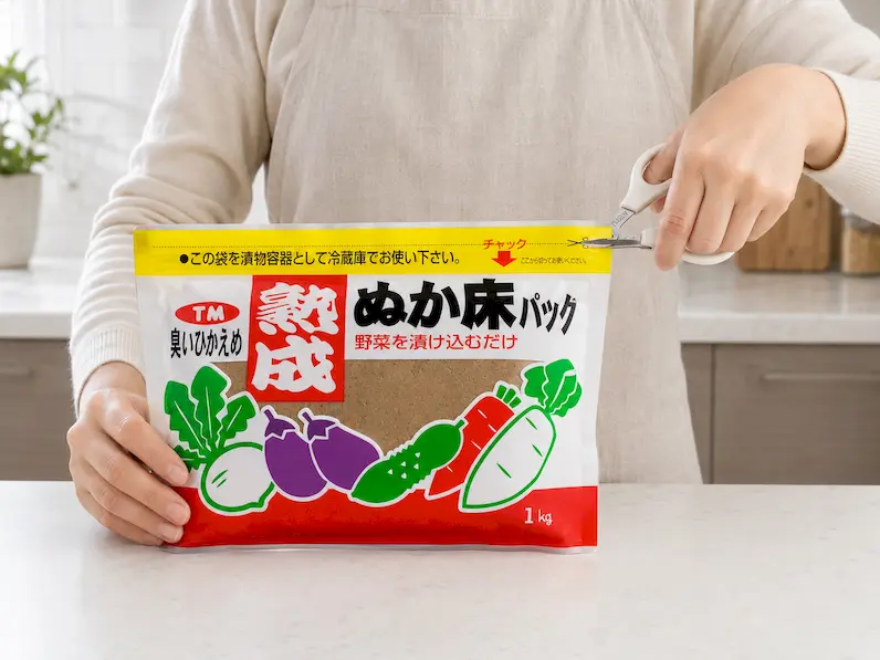 熟成ぬか床パックの上部をハサミで切り取り線に沿って開封している工程