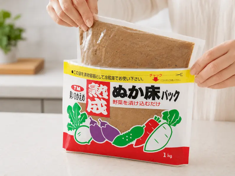 開封した熟成ぬか床パックから中袋に入ったねり床を取り出している工程
