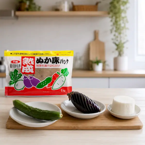 きゅうり、紫色のなす、大根を小皿やまな板に並べた漬け時間のイメージ
