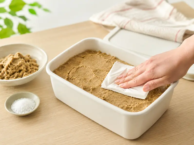 保存容器のぬか床の表面の水分をキッチンペーパーで取って整えているイメージ