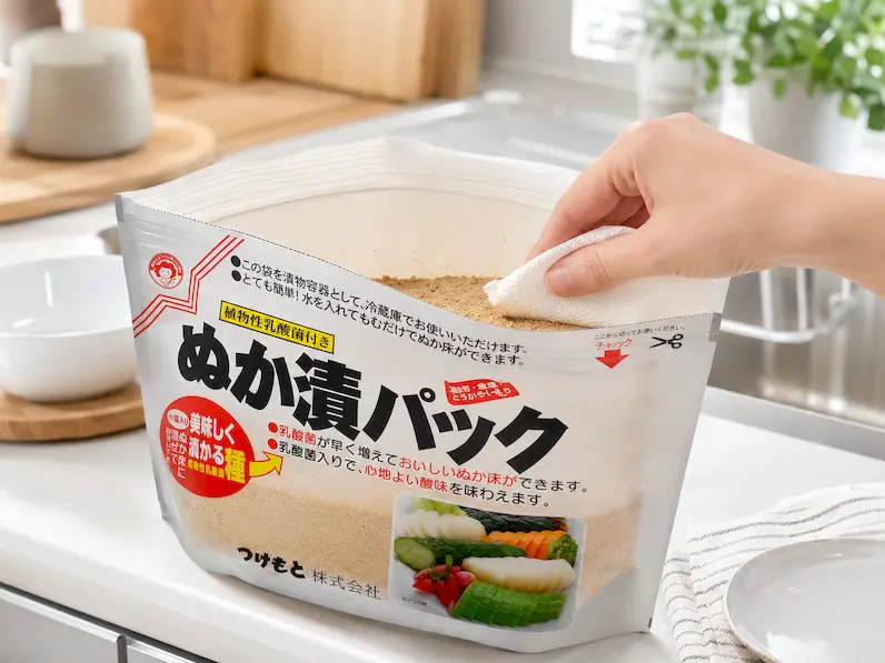 ぬか床の水分をキッチンペーパーで取っている手入れのイメージ