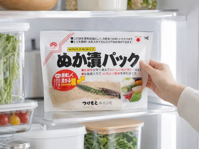 チャックを閉めた乳酸菌ぬか漬パックを冷蔵庫に入れているイメージ