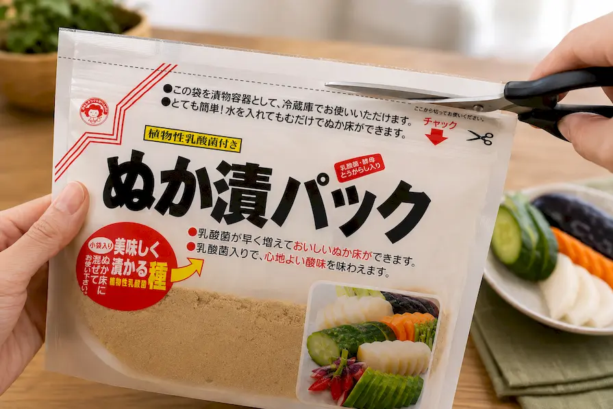 乳酸菌ぬか漬パック600gをハサミで切り取り線に沿って開封している工程