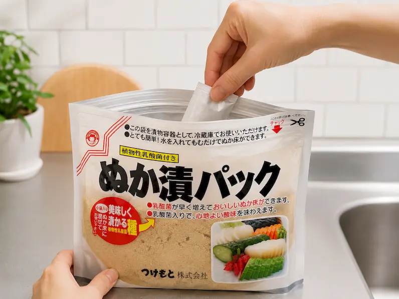 植物性乳酸菌小袋をぬか床の袋へ入れている工程