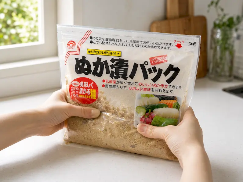 乳酸菌ぬか漬パックを袋の外側からもんでぬか床を作っている工程