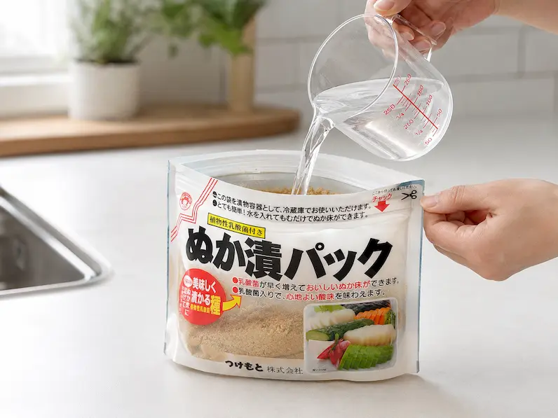 計量カップから湯冷まし水を乳酸菌ぬか漬パックへ注いでいる工程