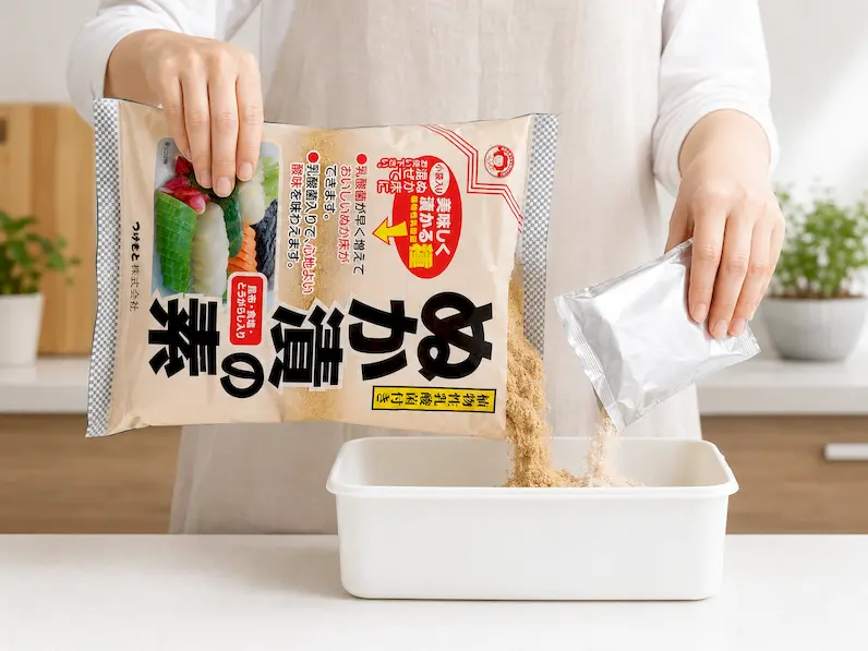 清潔な保存容器にぬかと乳酸菌を入れている工程
