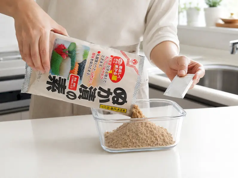 乳酸菌入りぬか漬の素550gの袋からぬかと乳酸菌小袋を取り出している工程