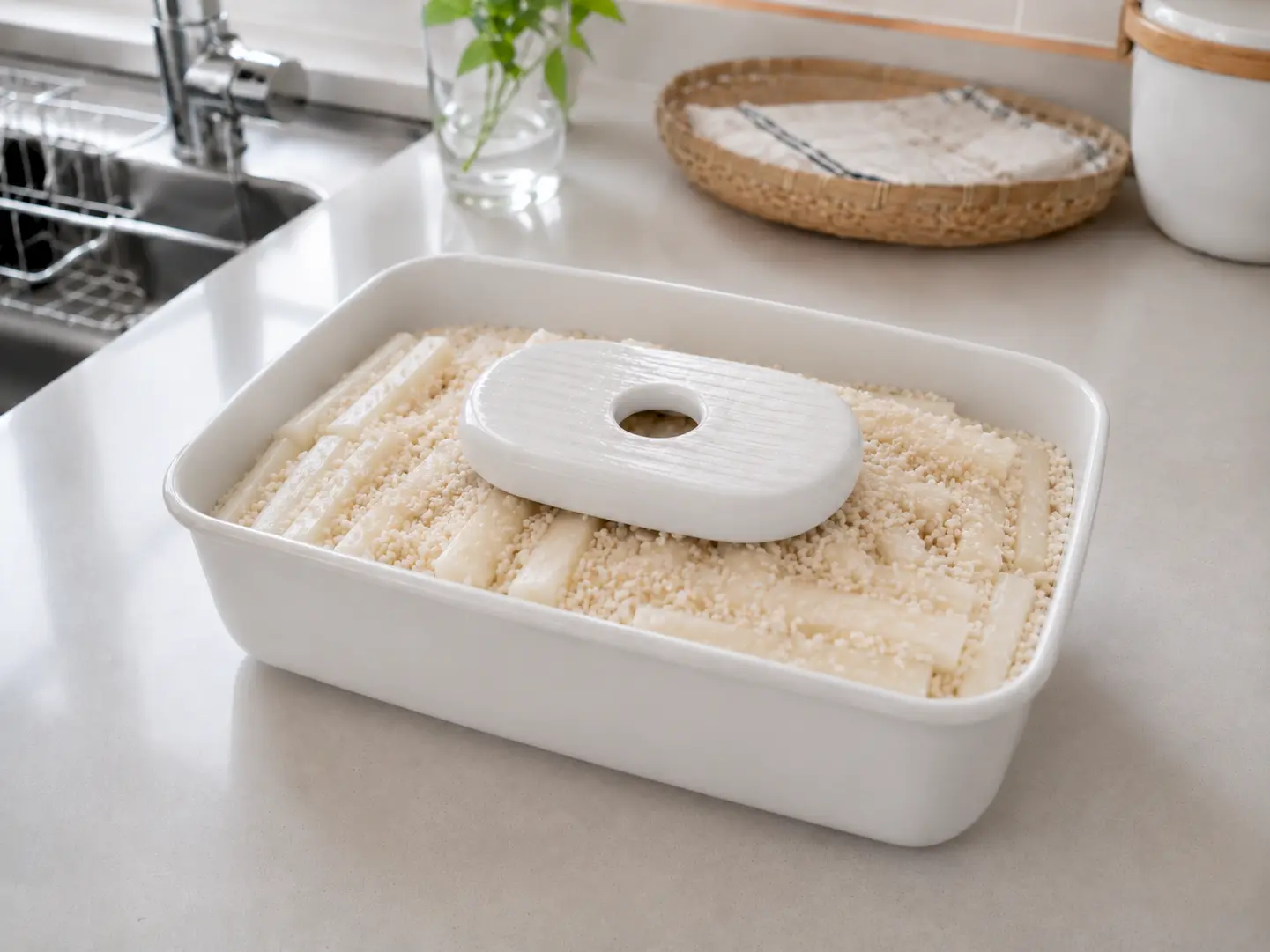 こうじ床をかぶせた大根に軽く重石をする工程