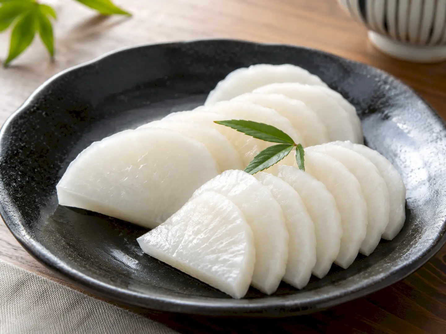 完成した家庭風べったら漬けを黒い和食器に盛り付けたイメージ