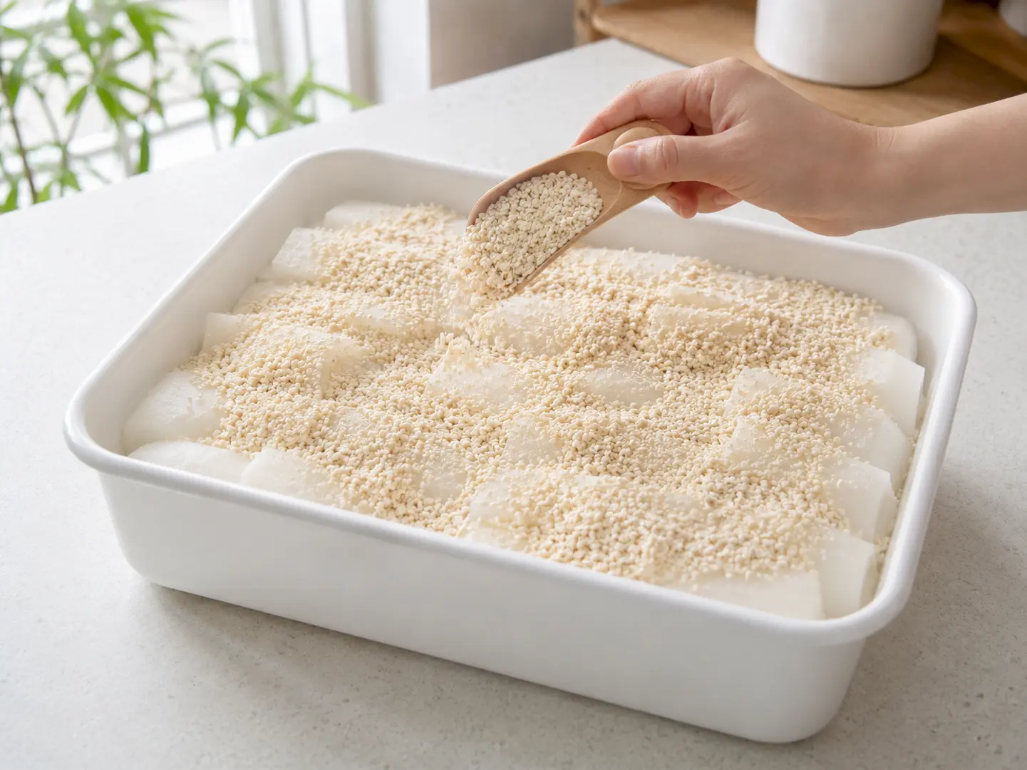 下漬け大根の上から残ったこうじ床をまんべんなくかける工程