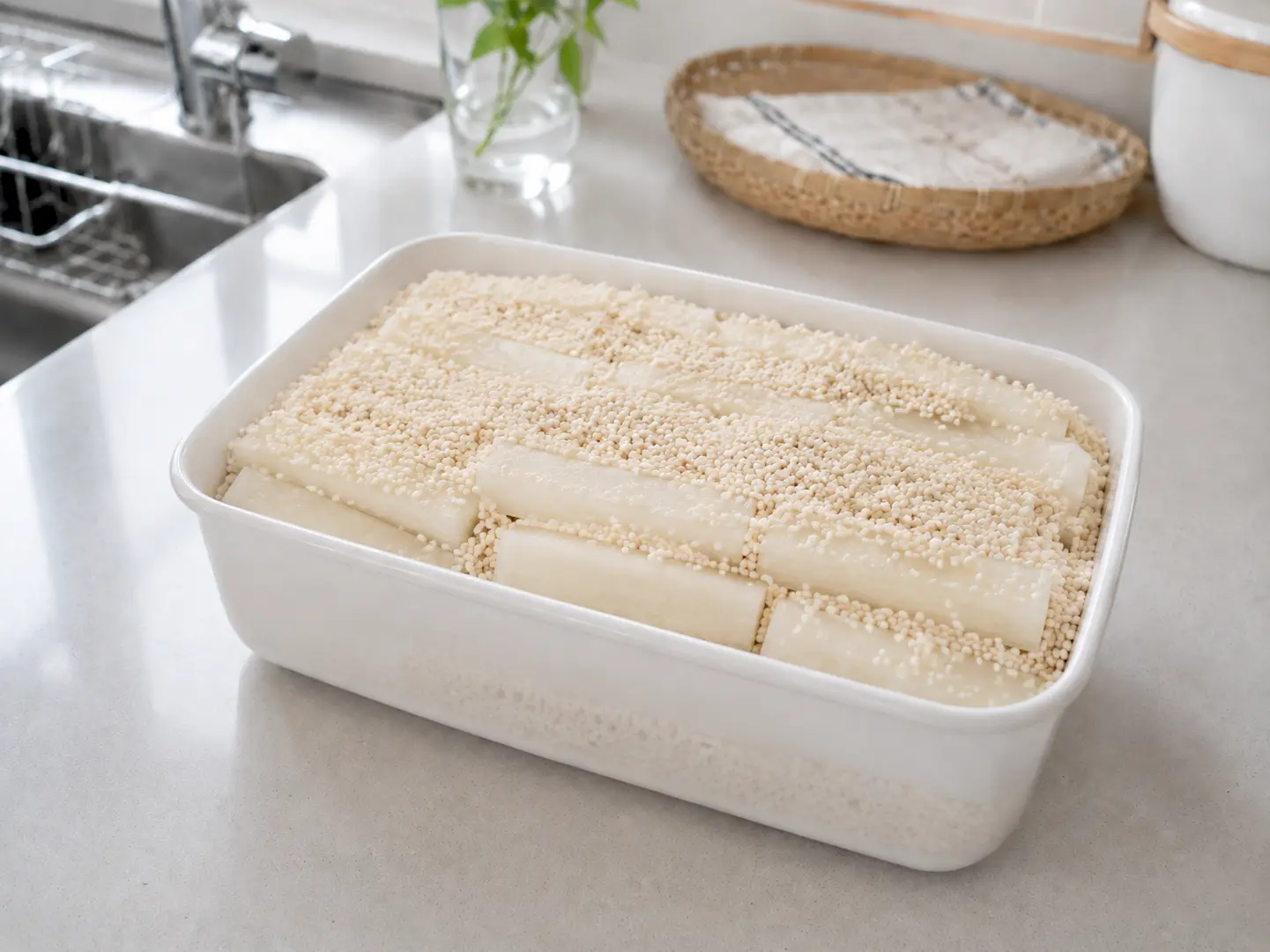 下漬け大根をこうじ床に並べて重ねる工程
