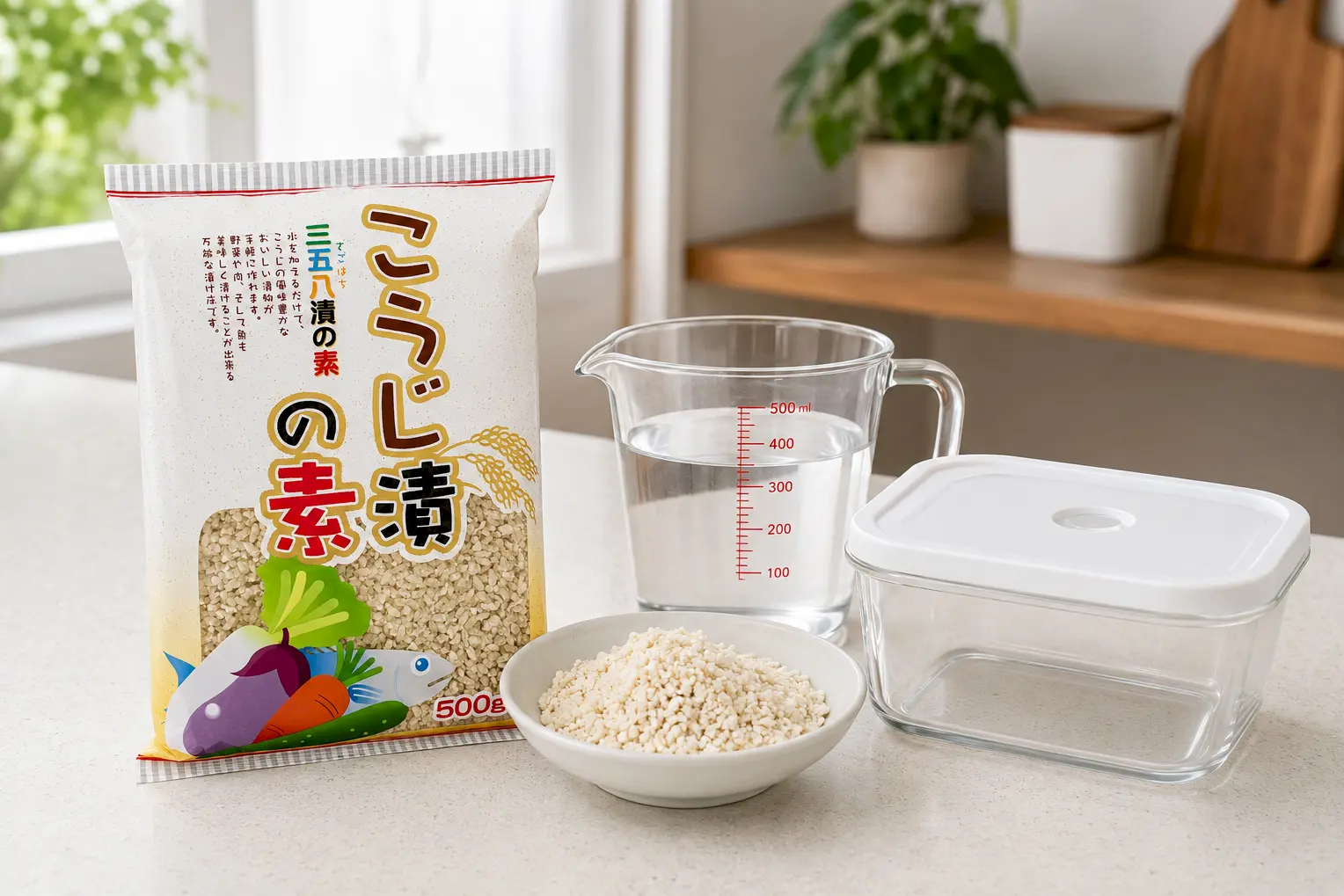 こうじ漬の素とお湯または水、保存容器を用意した工程