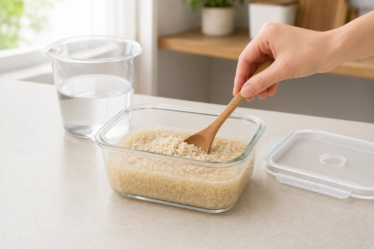 保存容器にこうじ漬の素と水分を入れて混ぜる工程