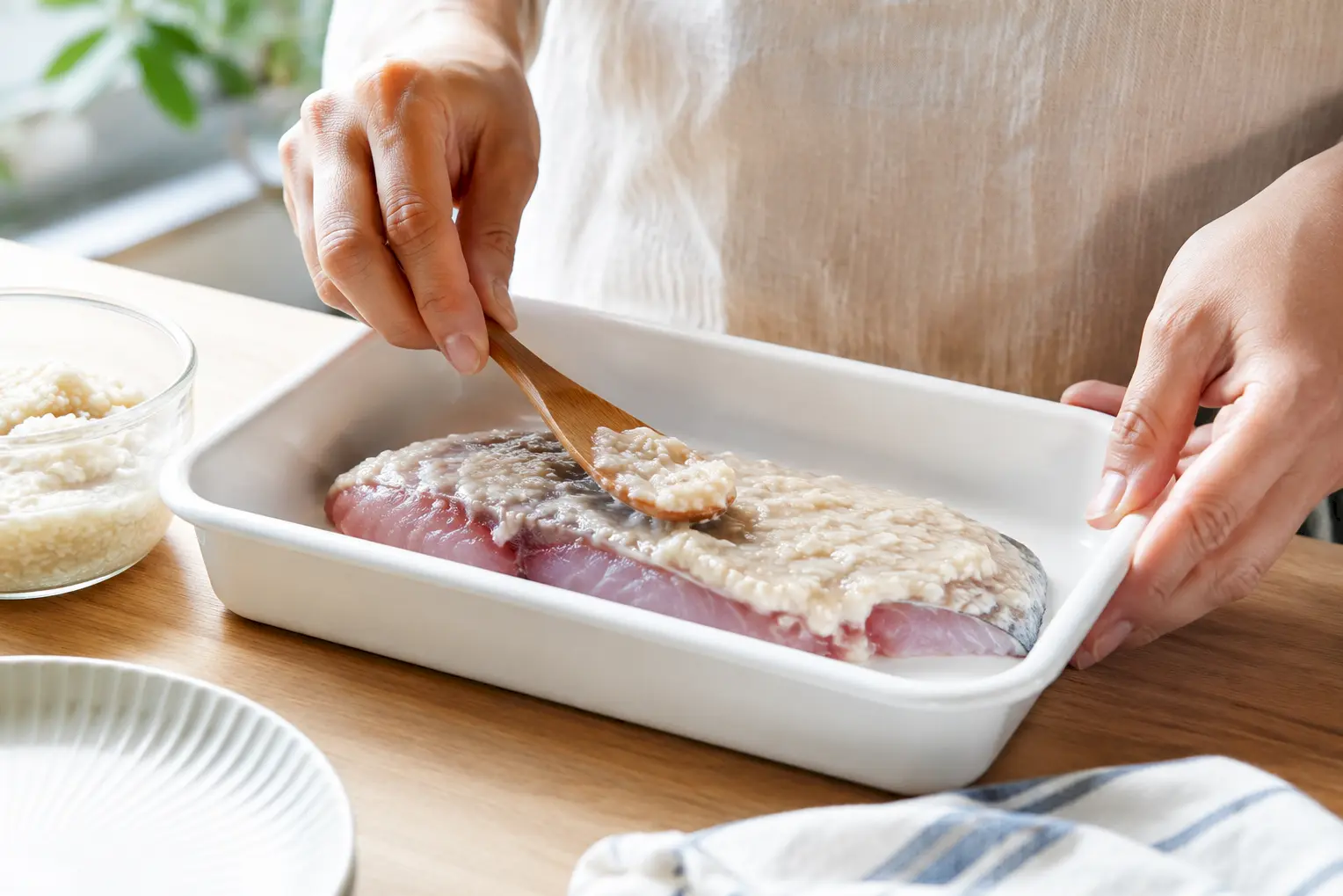 手作り塩麹を魚の下味に使うイメージ