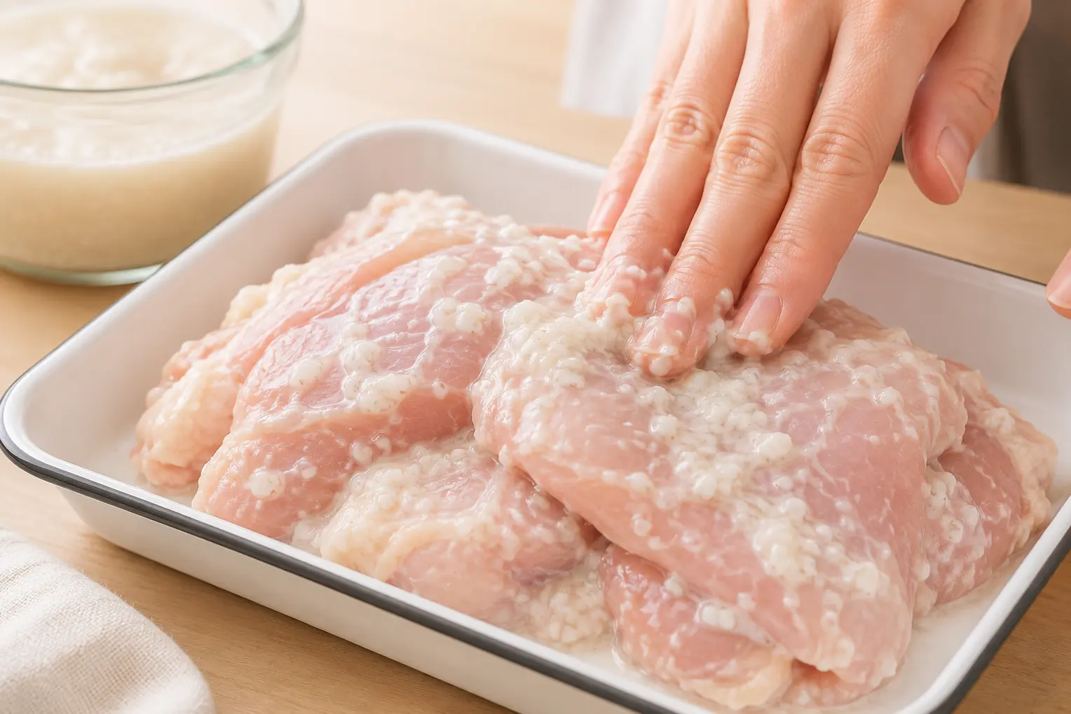 手作り塩麹を肉の下味に使うイメージ