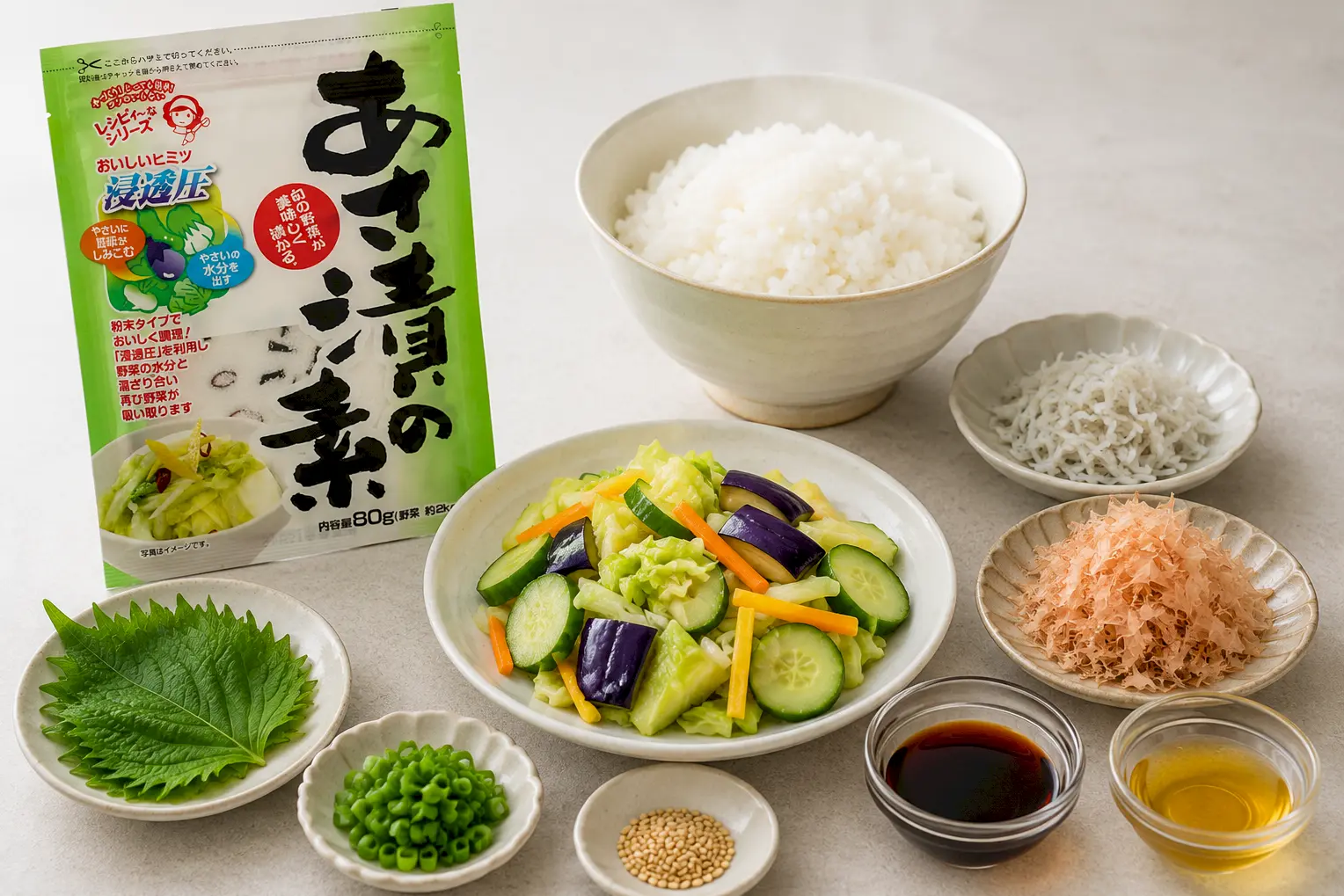 あさ漬け丼の材料を並べたイメージ