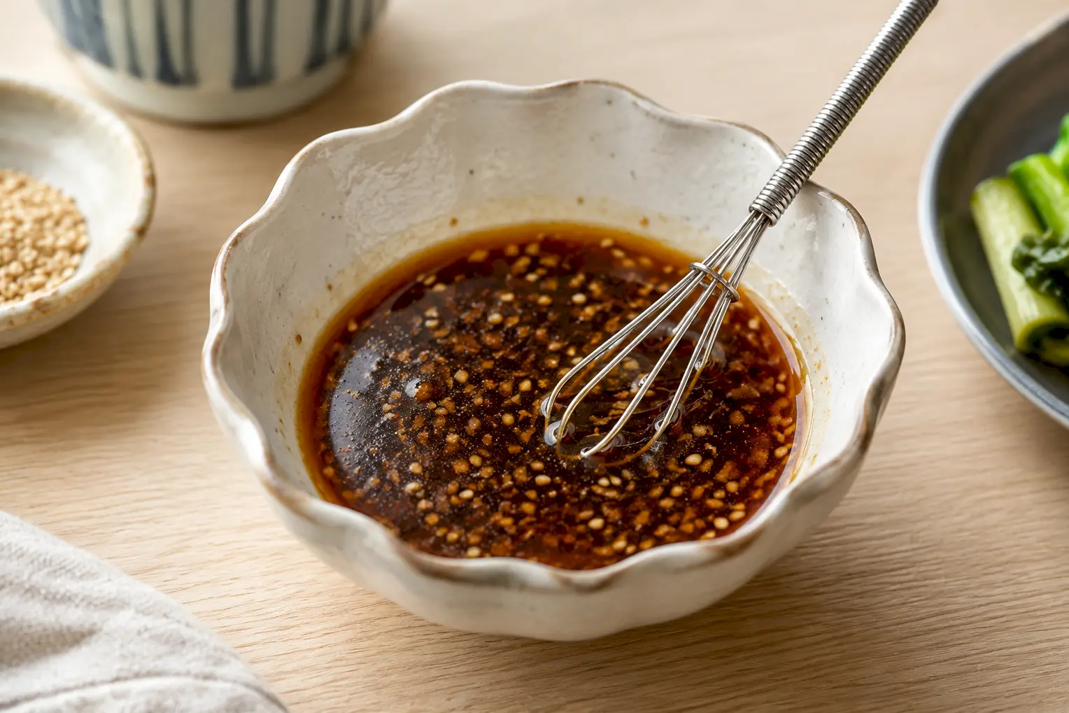 しょう油、ごま油、あさ漬の素を混ぜてタレを作る工程