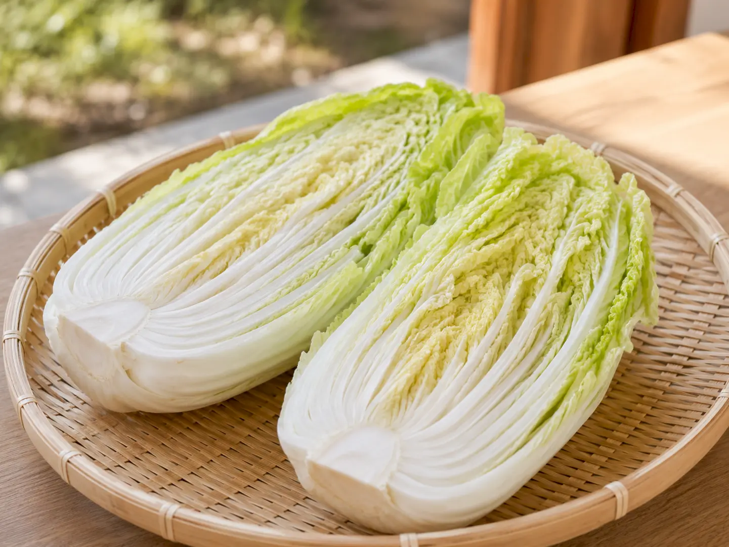 白菜をざるに広げて天日干ししている工程