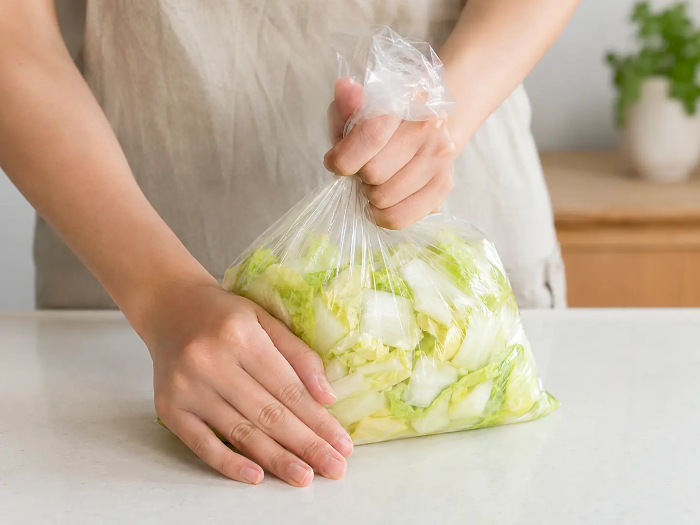 白菜の入った袋を揉んで味をなじませる工程