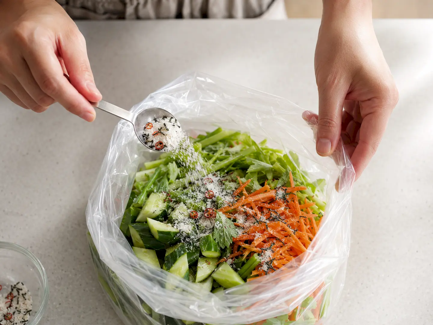 野菜の入った袋にあさ漬の素を加える工程