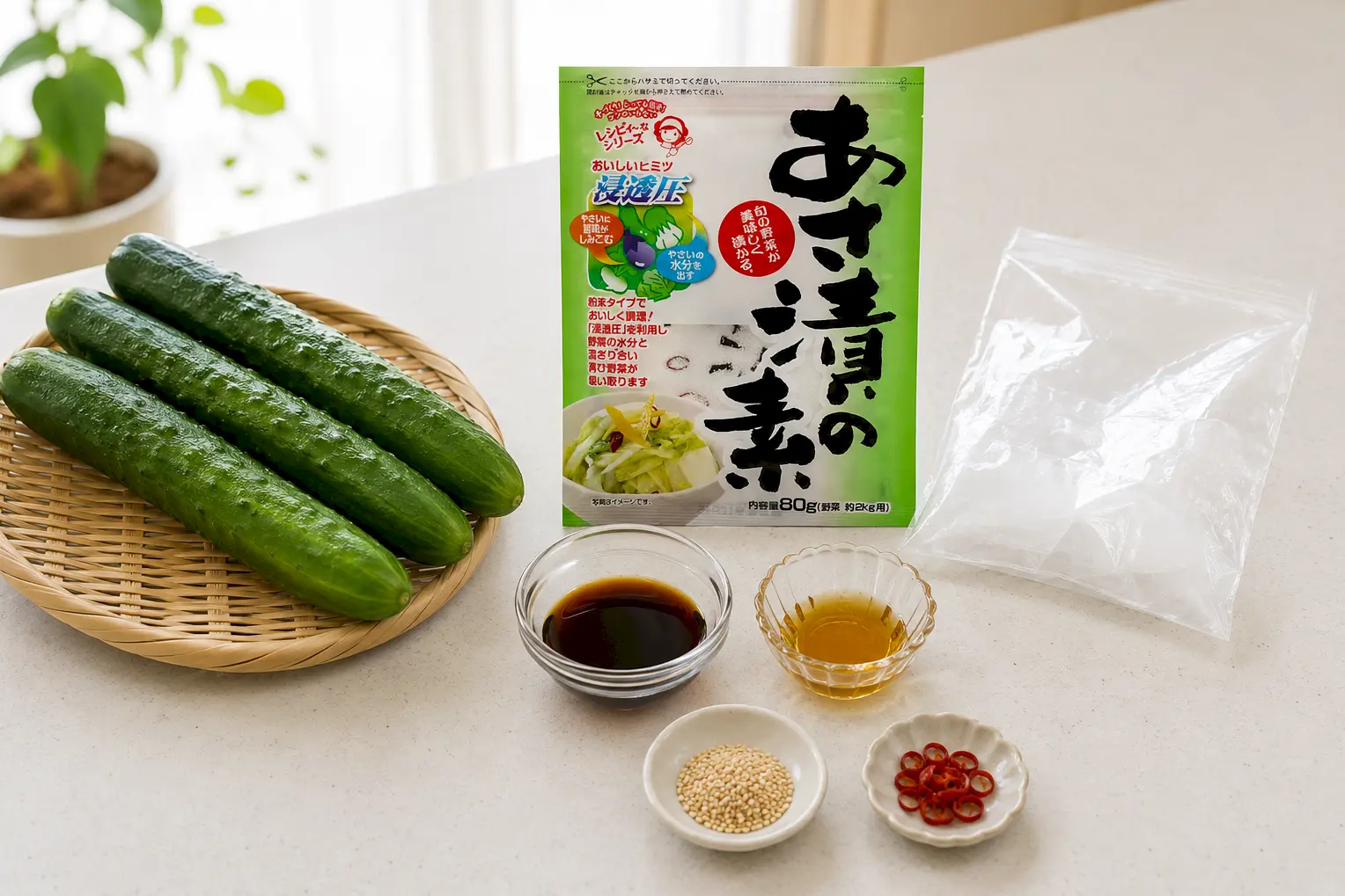 きゅうり3本、あさ漬の素、醤油、ゴマ油、ポリ袋を並べた材料写真