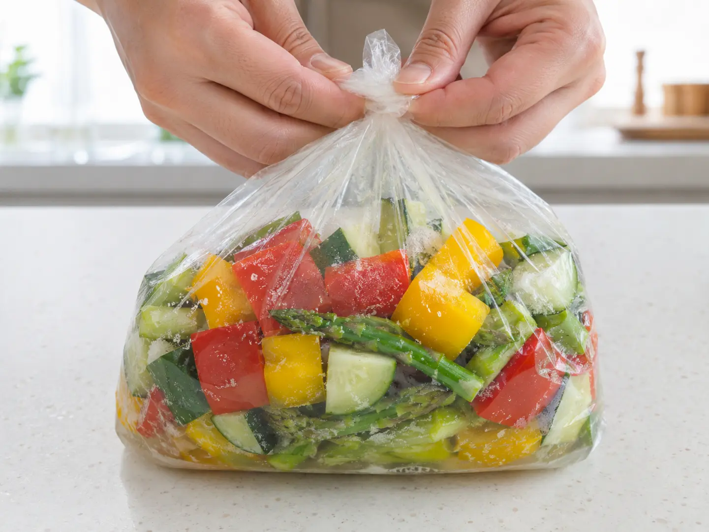 カラフル野菜入りのポリ袋の空気を抜いて口をしばっている工程
