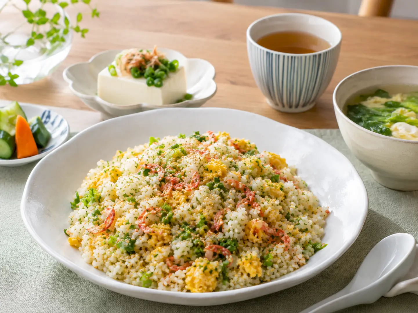 水菜漬けと桜えびのチャーハンを中心にした中華風の家庭の食卓