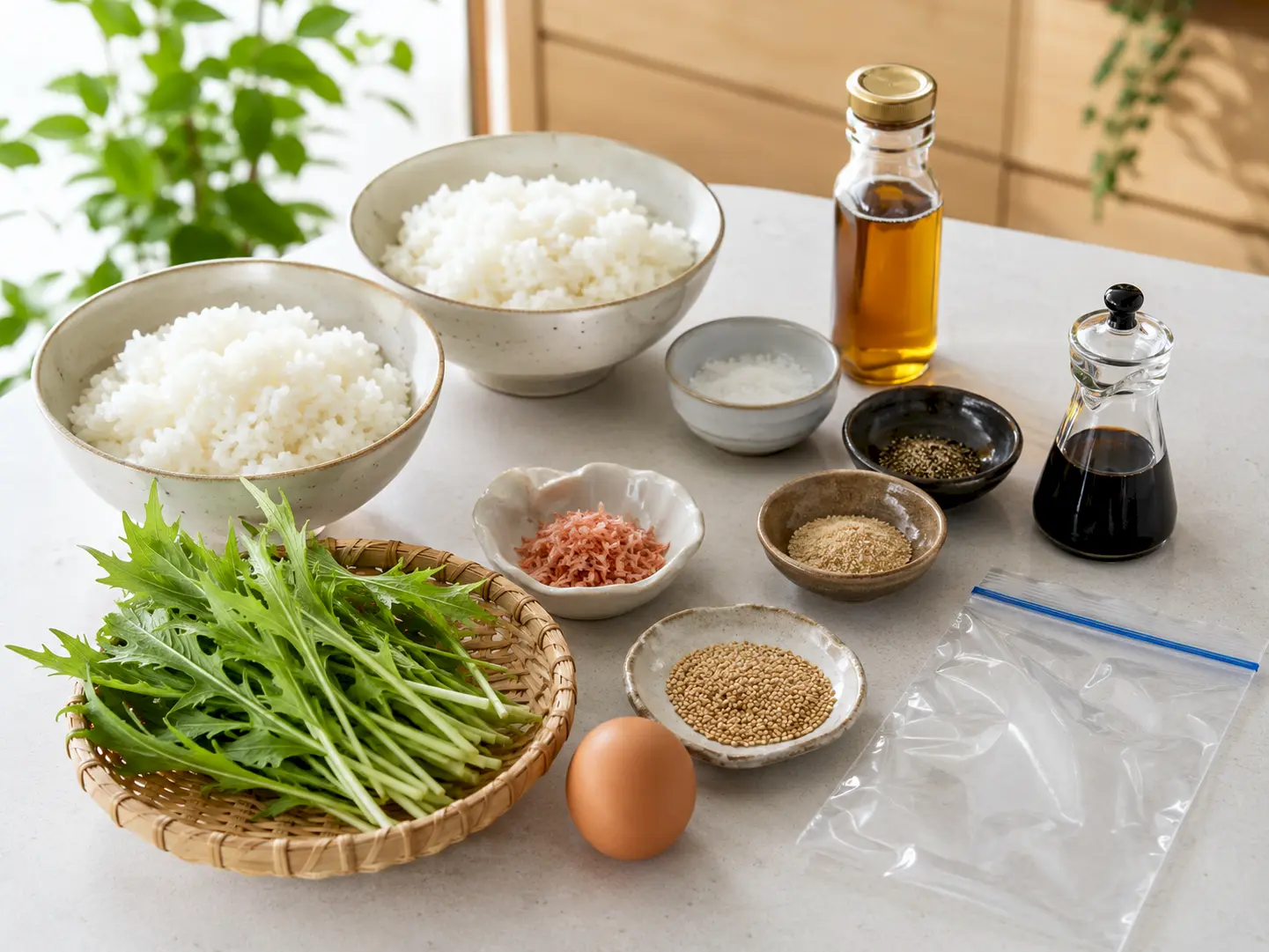 水菜漬けと桜えびのチャーハンの材料を並べた写真