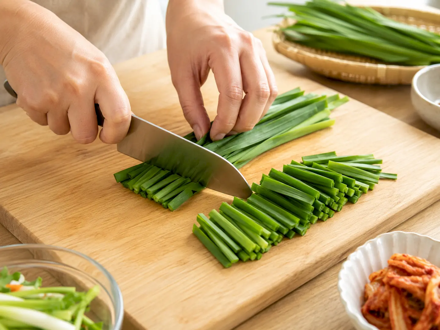 ニラを水キムチに合う食べやすい長さに切っている工程