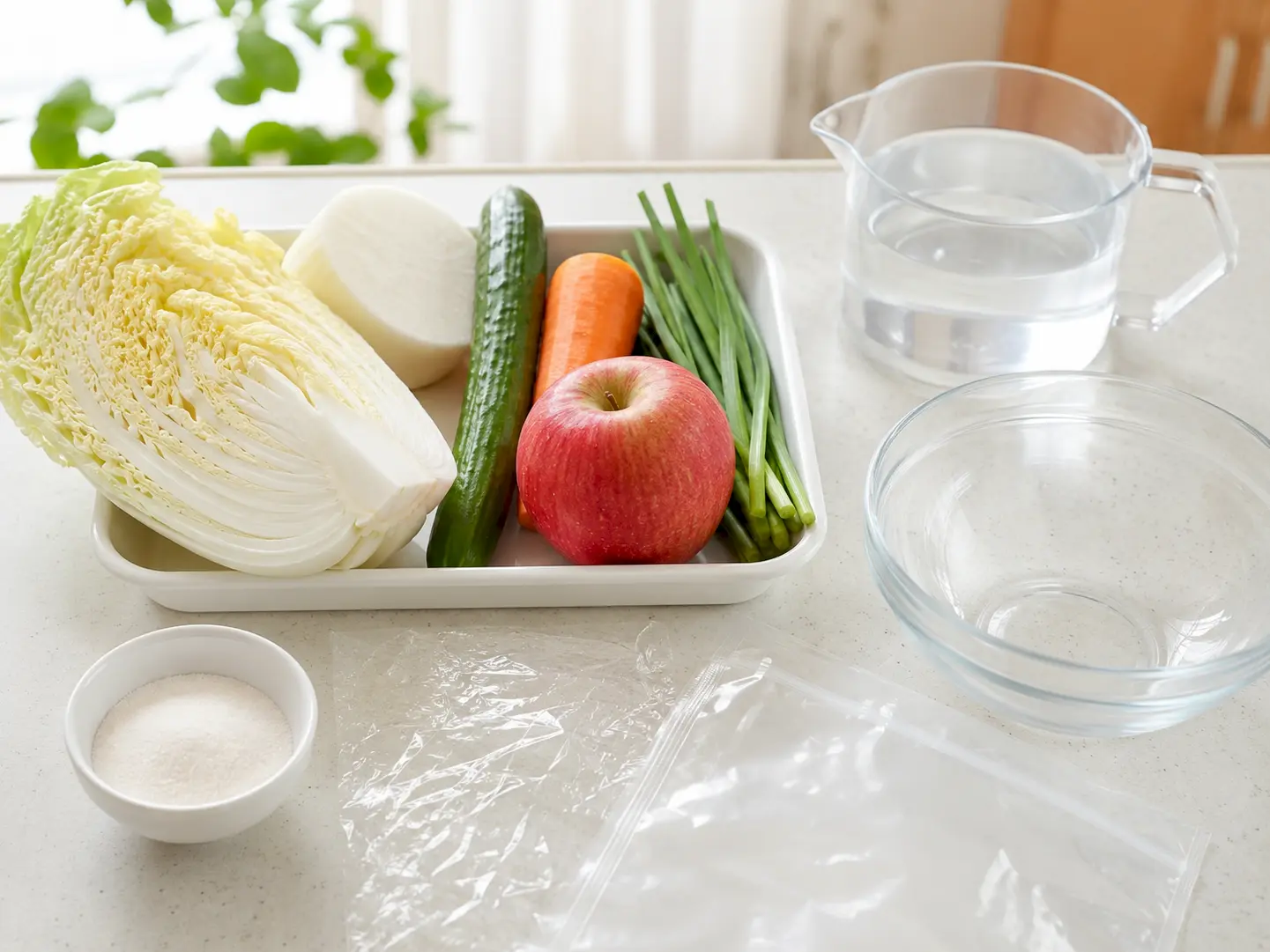 水キムチの野菜、水キムチの素、水400ml、ボウル、ラップ、ポリ袋を並べた材料写真