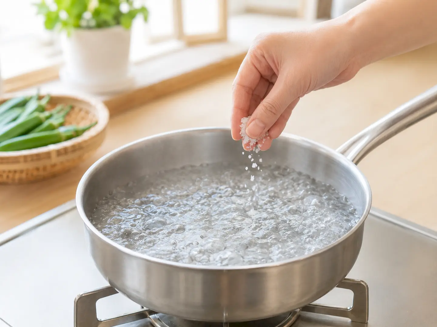 鍋で沸騰した湯へ少量の食塩を加えている工程