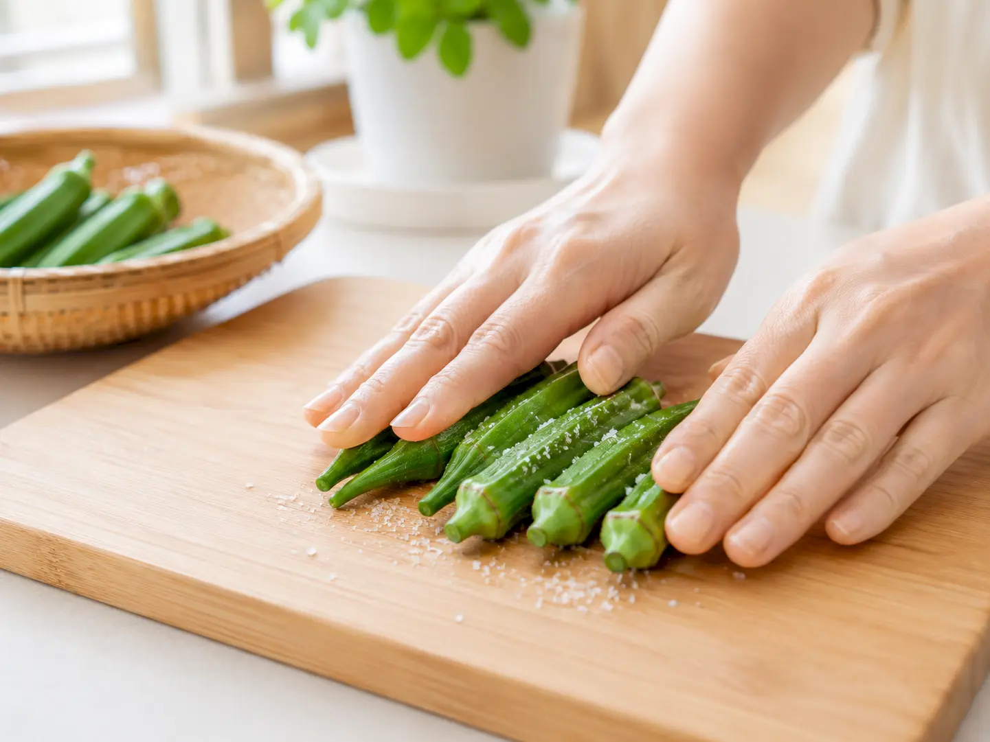 オクラへ食塩をまぶして軽く板ずりしている工程