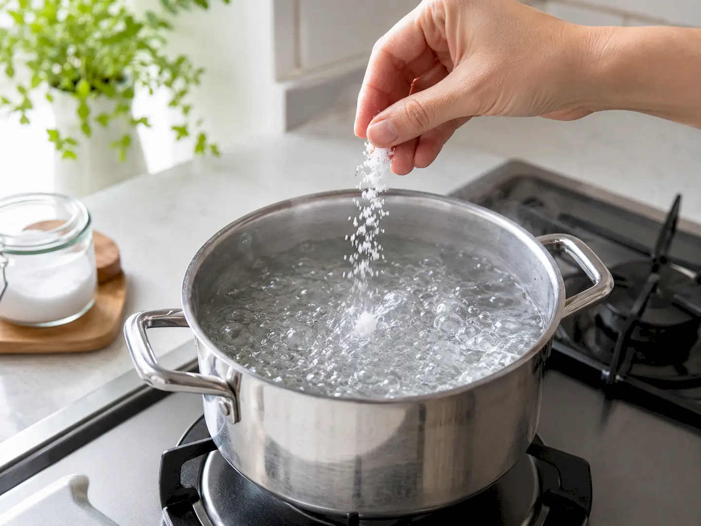 沸騰した鍋の湯へ少量の食塩を加えている工程