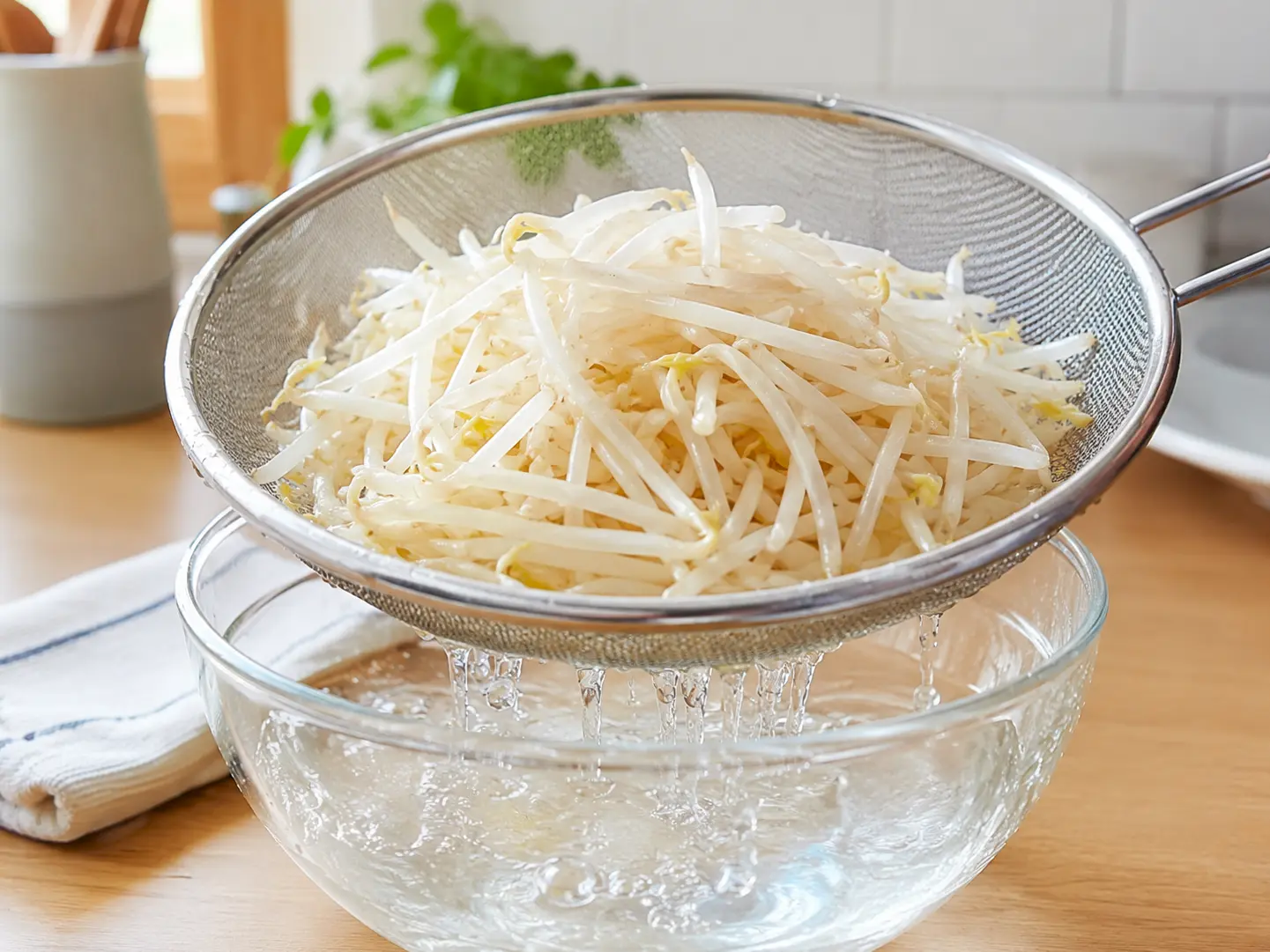 下ゆでしたもやしをざるへ上げて水気をしっかり切っている工程