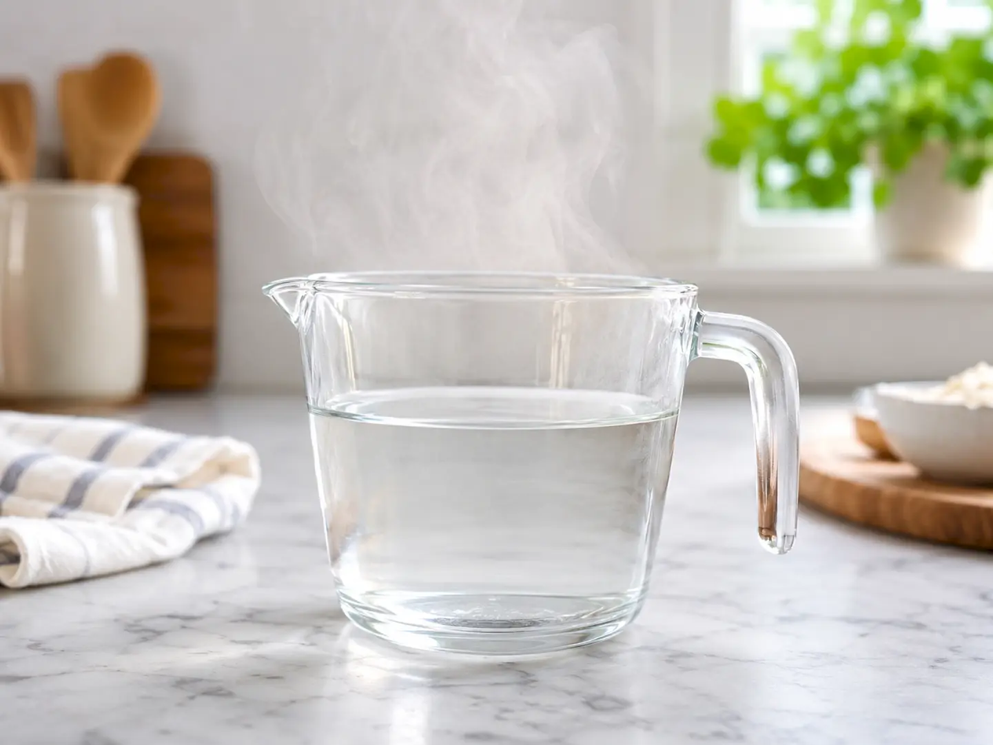 約50〜60℃のぬるめのお湯を耐熱計量カップへ用意した工程