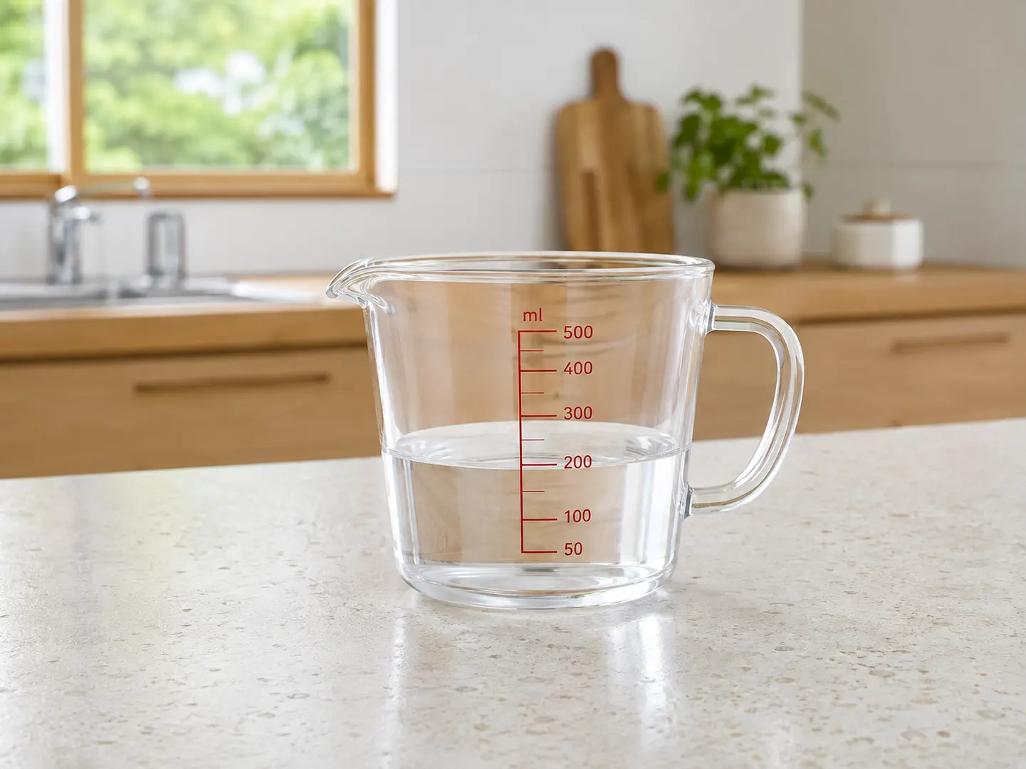 透明な計量カップで水200mlを量っている工程