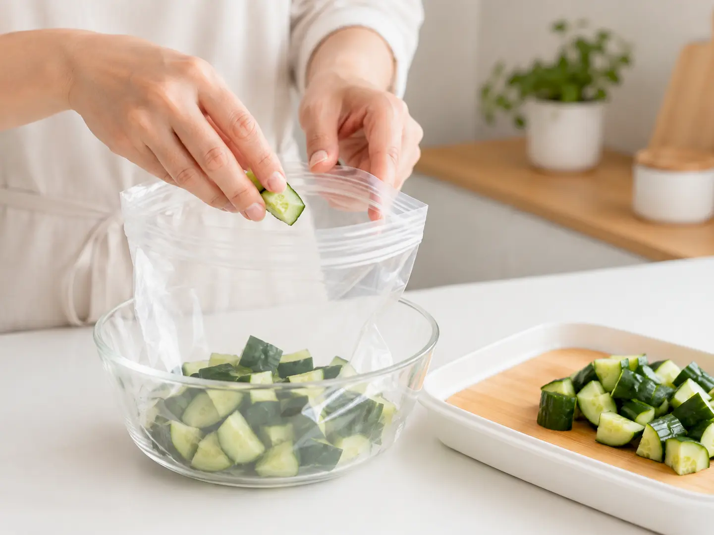 食べやすく切ったきゅうりを保存袋へ入れている工程