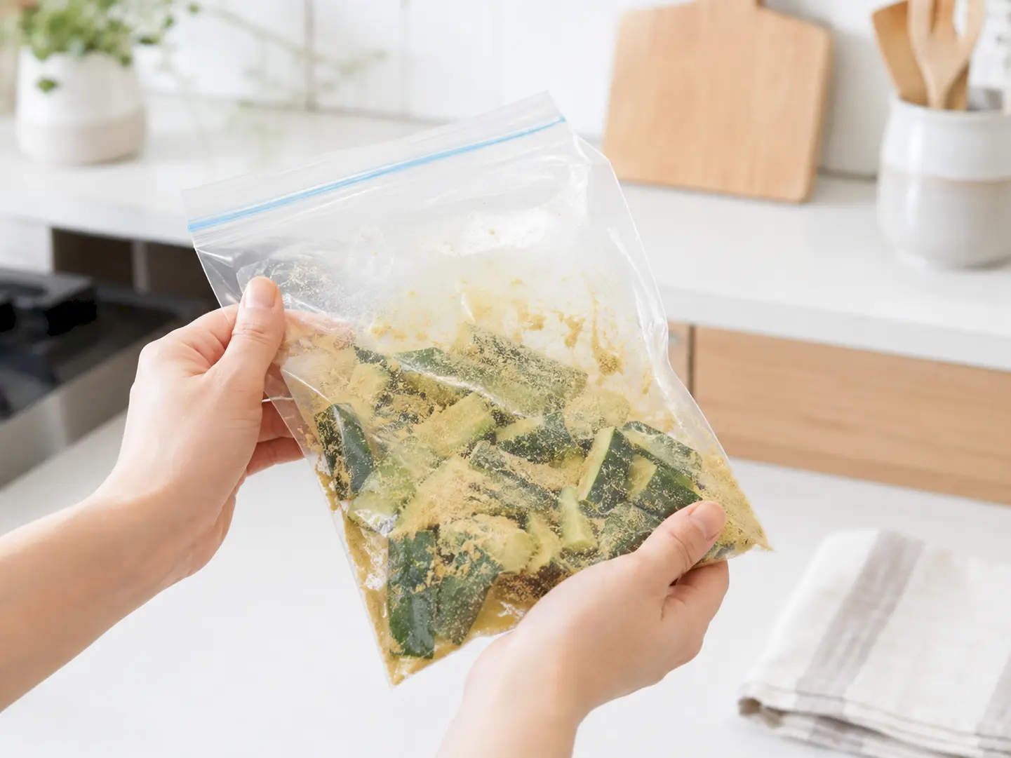 保存袋を両手で持ち、きゅうり全体へからし漬の素をまぶすように振っている工程