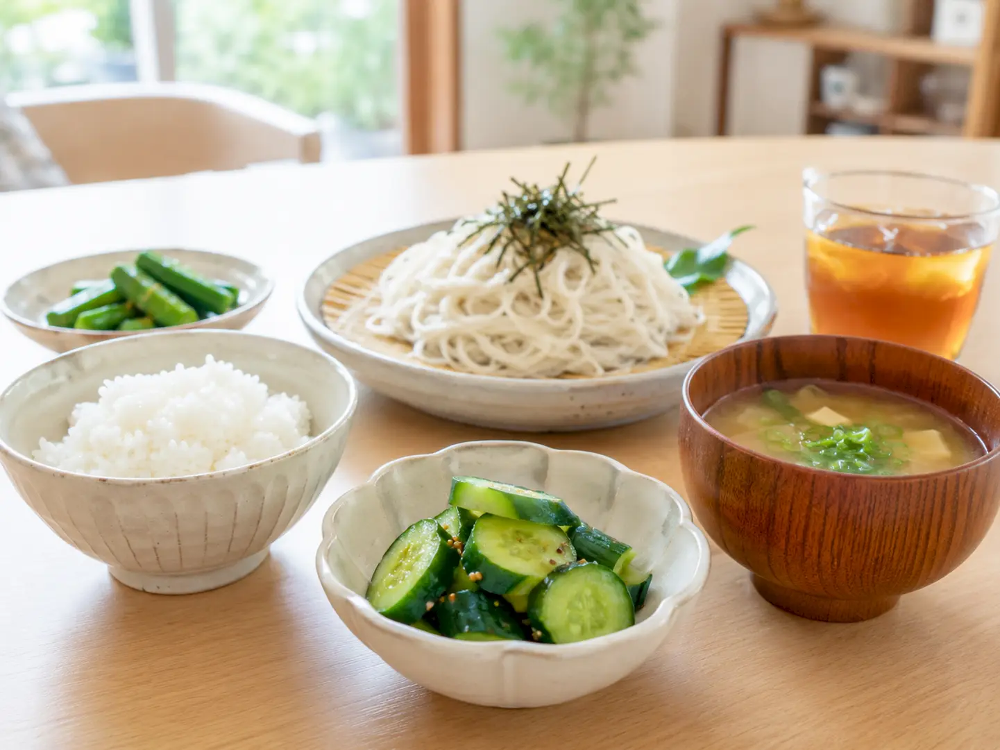ご飯や冷たい麺と一緒に、きゅうりのからし漬を小鉢へ盛った明るい家庭の食卓