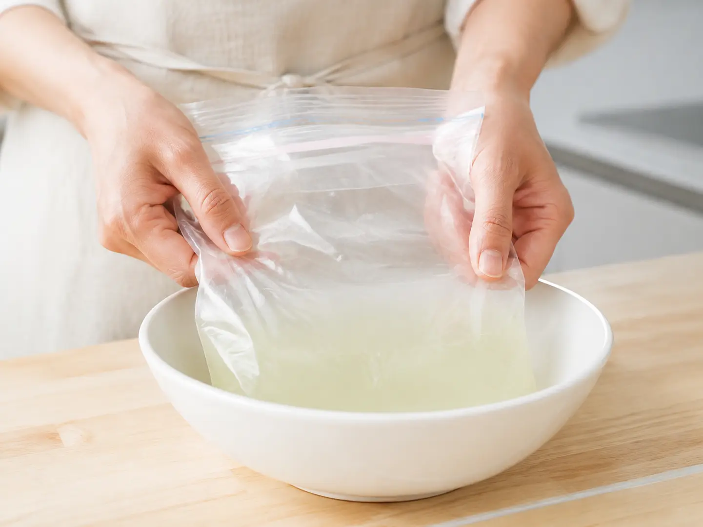 保存袋の外側からなす漬の素、粉わさび、水をよく混ぜている工程