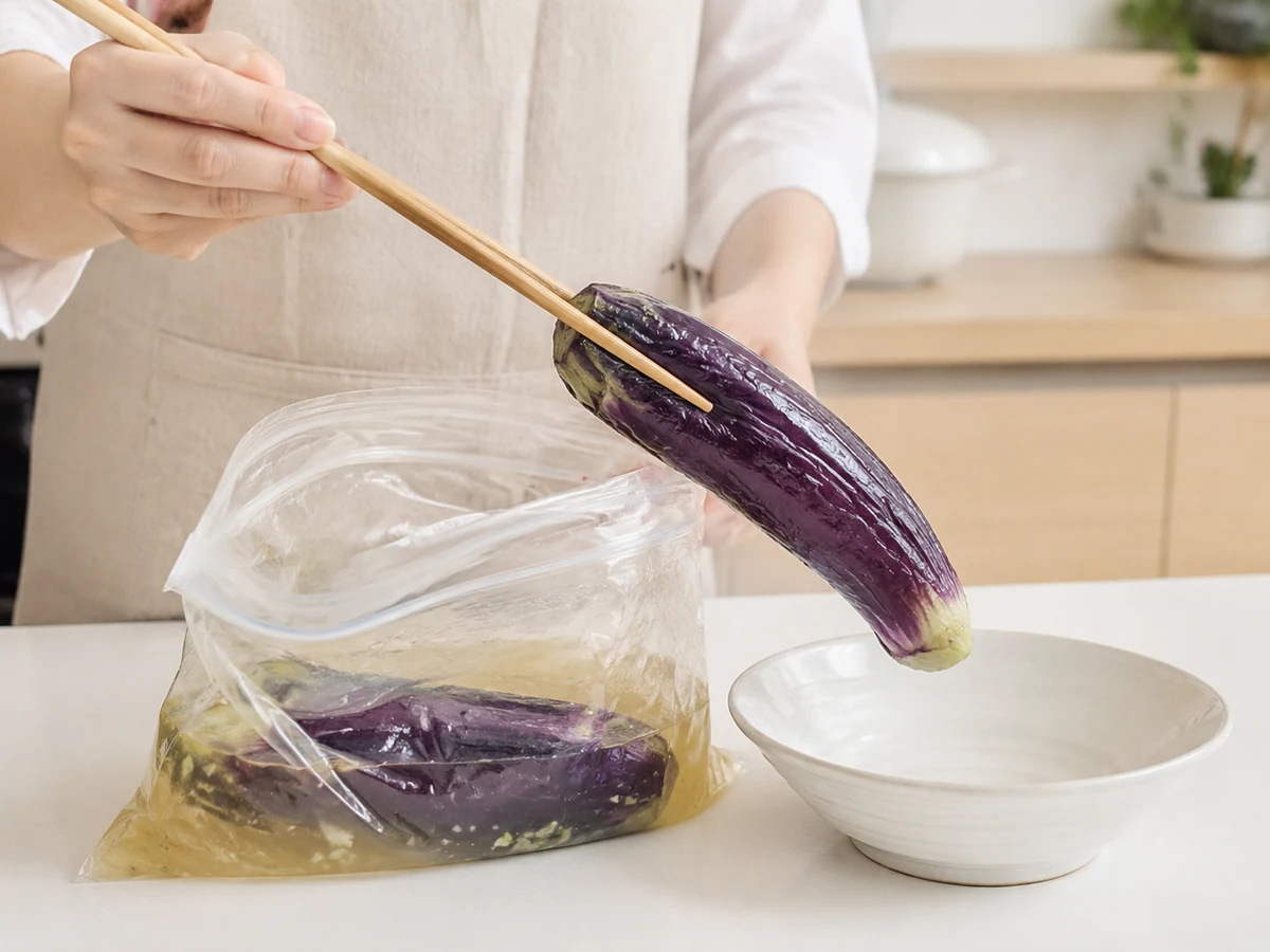 漬け上がったなすを清潔な箸で保存袋から取り出している工程