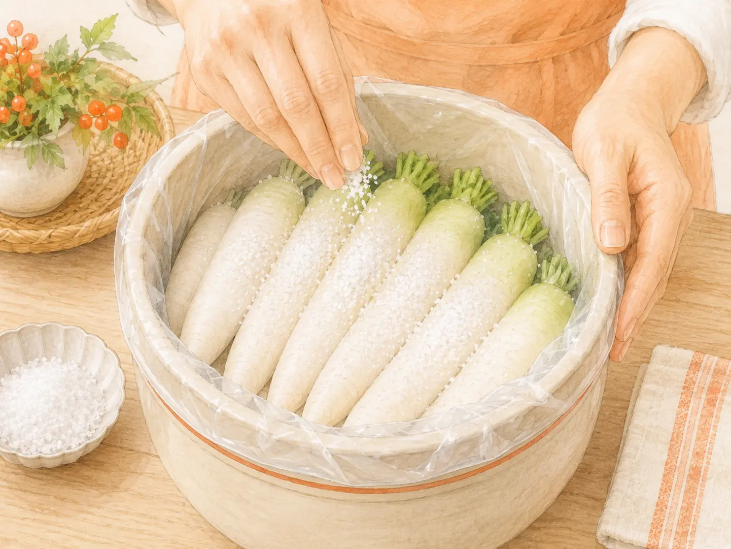容器へ並べた大根の一段ごとに塩を均一に振っている工程