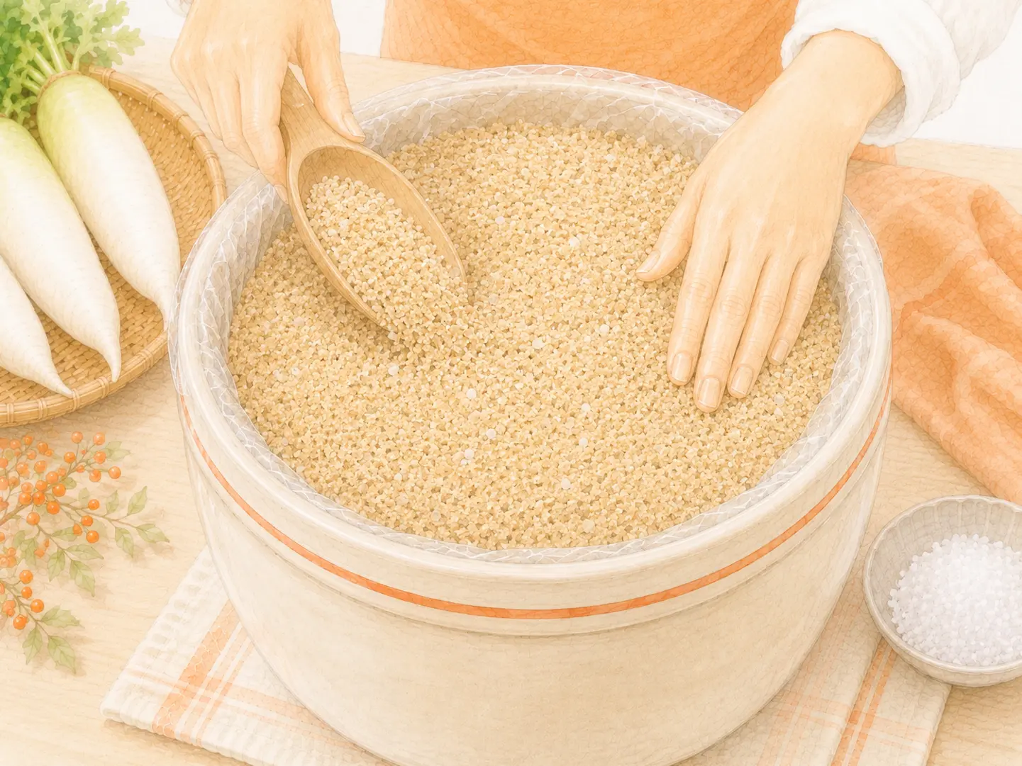 最後の大根の上へ残った調味ぬかを均一に振りかけている工程