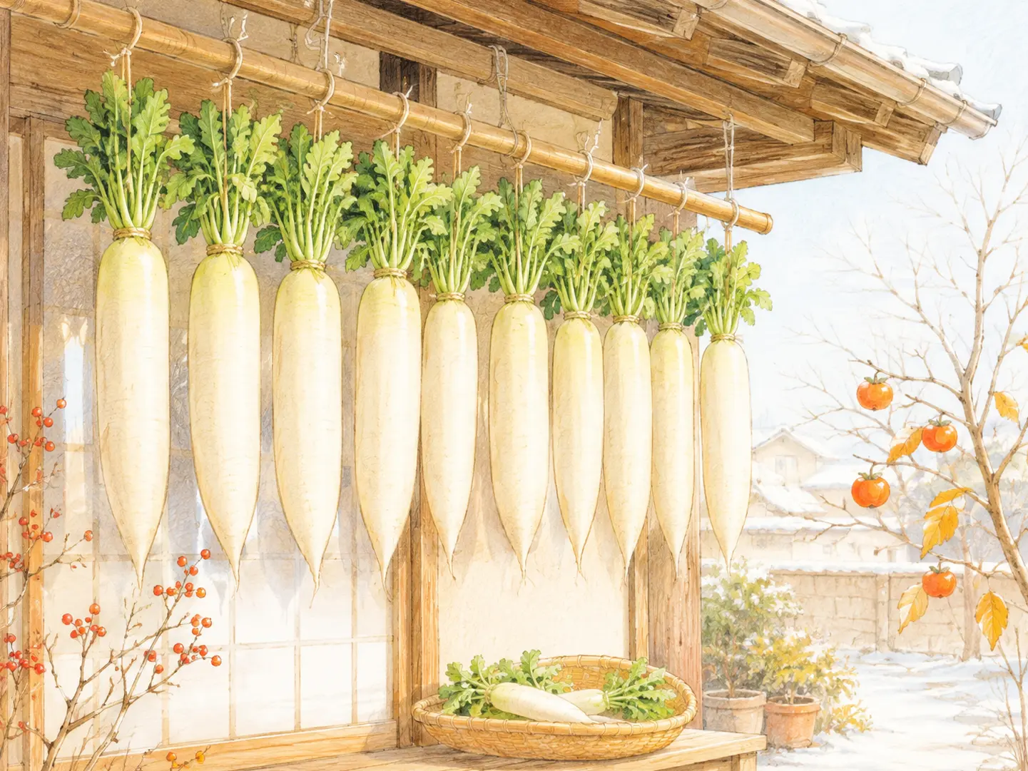 軒下の雨がかからない場所へ大根を並べて干している手描き風イラスト